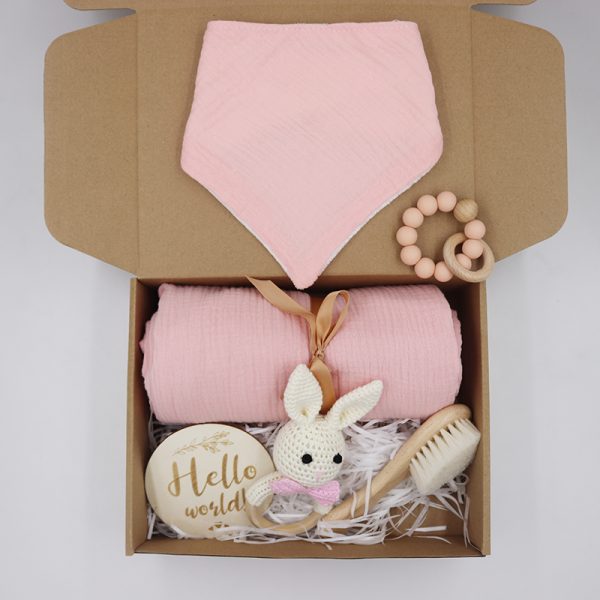 Beautiful baby pink gift box with muslin towel bib and teether