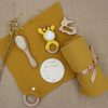 Yellow bunny gift set box with muslin towel baby milestone and rattle toy