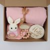 baby milestone gift set box with muslin towel rattle teether toy and hair brush