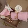 Pink bunny set for gift box with bunny muslin towel and teether