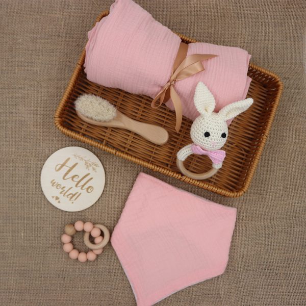 Newborn pink baby gift set with hairbrush bib rattle teether