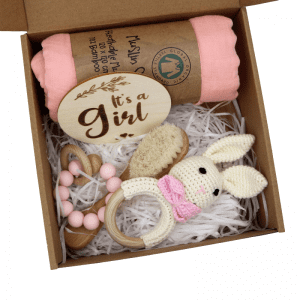 Baby gift set box pink with muslin wrap and teether