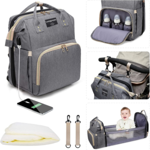 Convertible nappy bag with bassinet USB port and pram holder